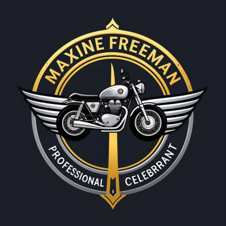 Circular logo with with Maxine Freeman written across the top and Professional Celebrant across the bottom. A motorbike in the centre with wings either side of it and a compass needle running from top to bottom through the circle.